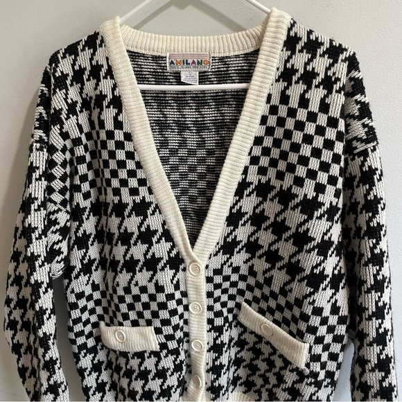 A’MILANO Cardigan Sweater Paris Milano New York Houndstooth Herringbone Large - Picture 3 of 8